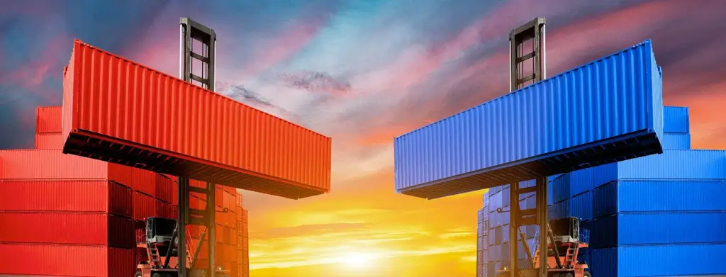 The image depicts two shipping containers to highlight the topic on commercial litigation. A commercial dispute exists between two companies, where company A (red container) has breached a commercial contract with company B (blue container). The two parties are undergoing commercial dispute resolution to help resolve the differences and seek an amicable outcome.